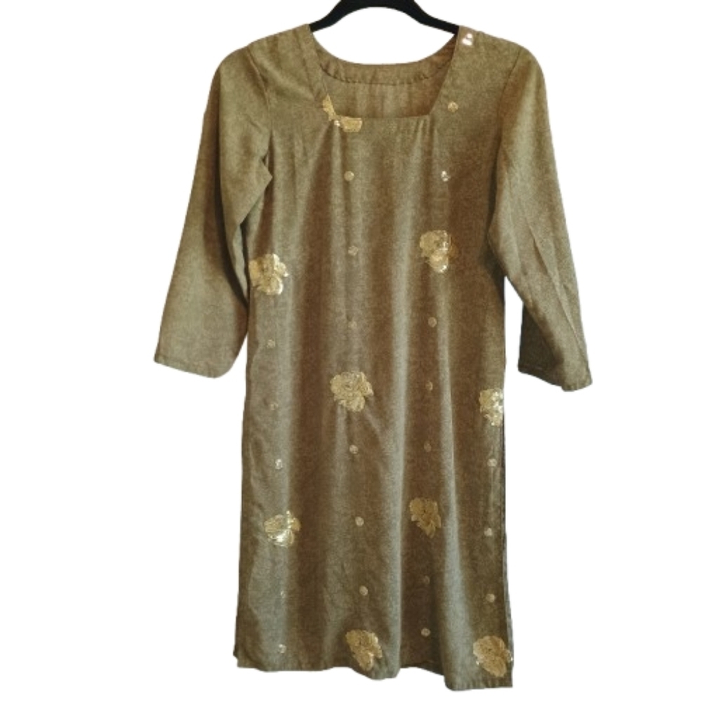 Handcrafted Olive Green Kurta Tunic Gold Applique Embroidered Indian Boho Dress‎